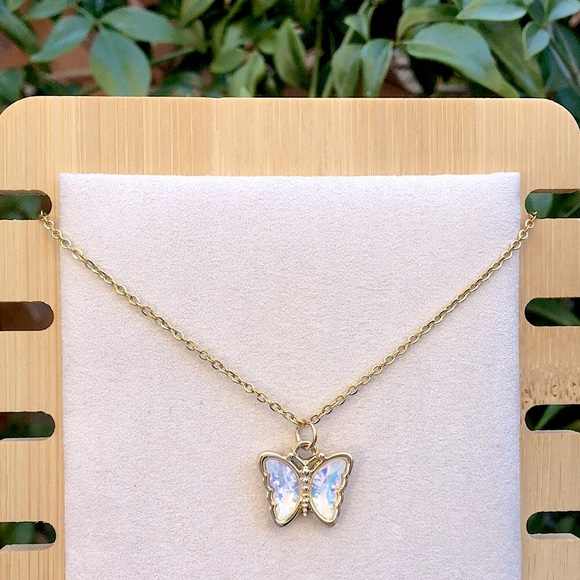 White Opal Aurora Borealis Crystal Butterfly Pendant Necklace - Picture 5 of 10